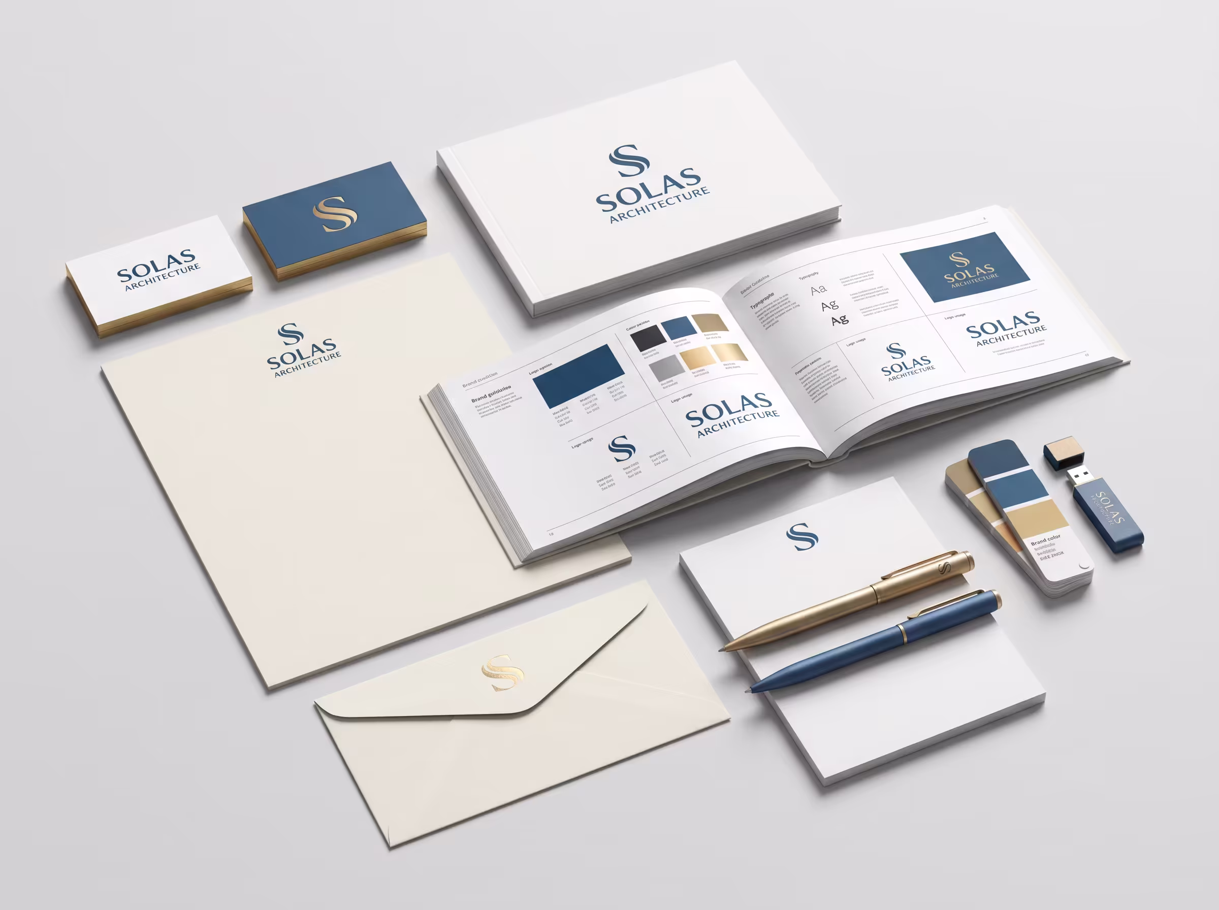 Solas Architecture brand guide and stationery system
