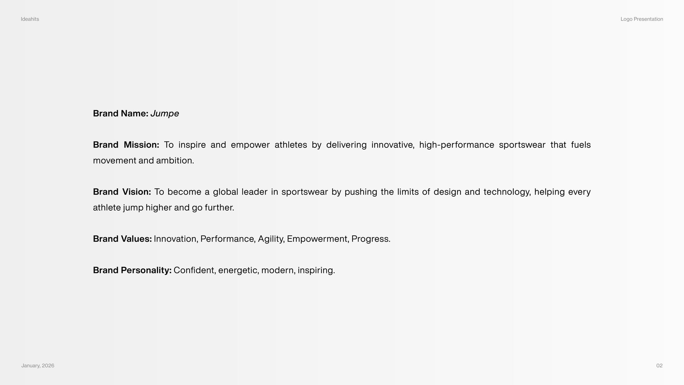 Jumpe brand mission, vision, values, and personality presentation board