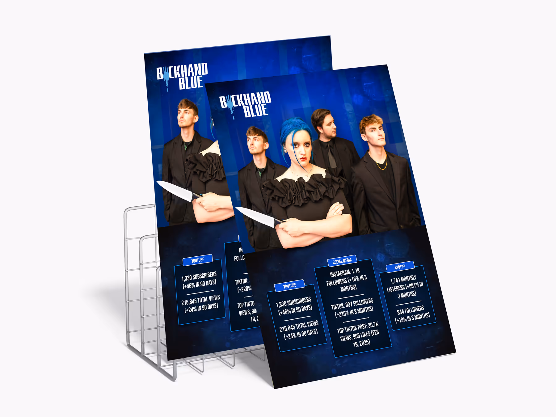 Backhand Blue event poster mockups in a display rack
