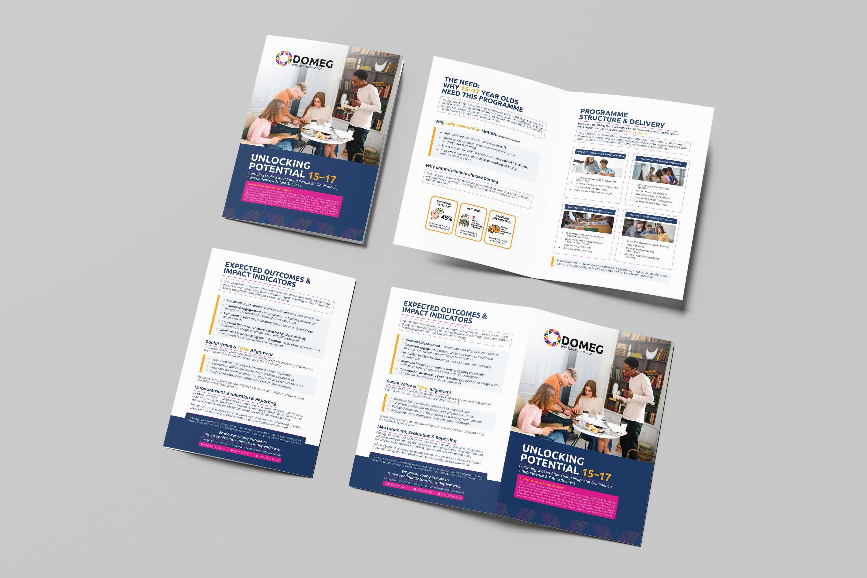Domeg brochure and leaflet layouts shown as printed mockups