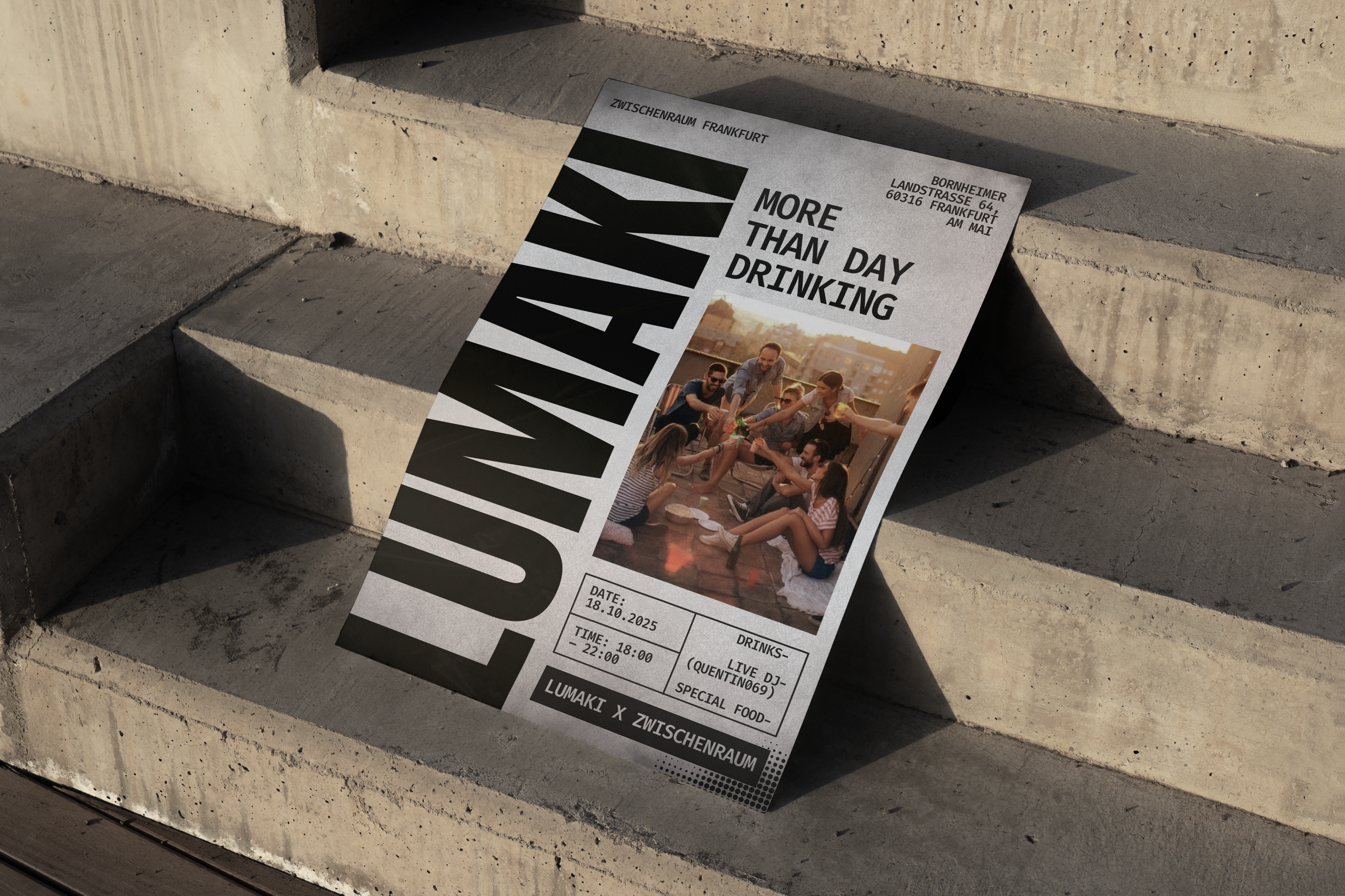 Lumaki event poster mockup resting on concrete steps