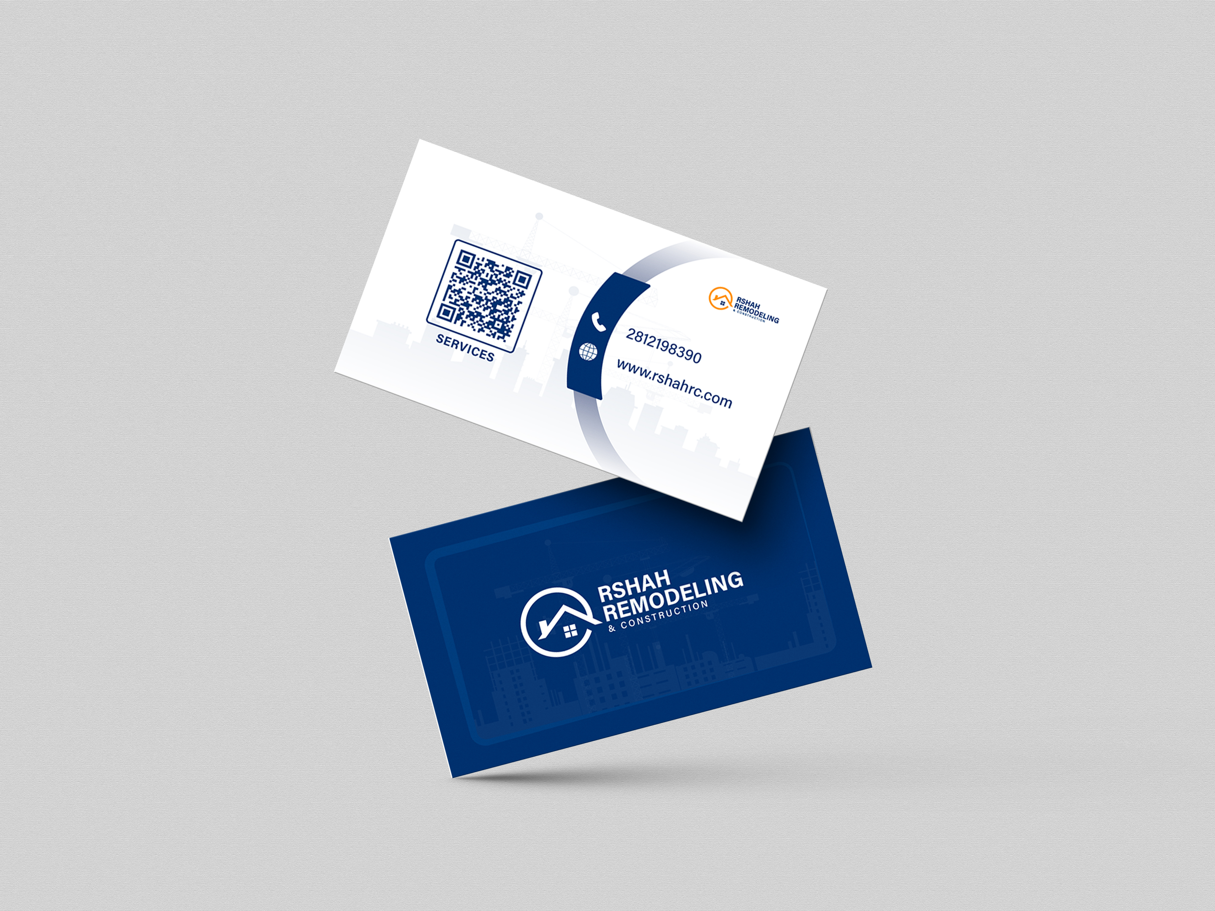 RSHAH Remodeling angled blue-and-white business card mockup