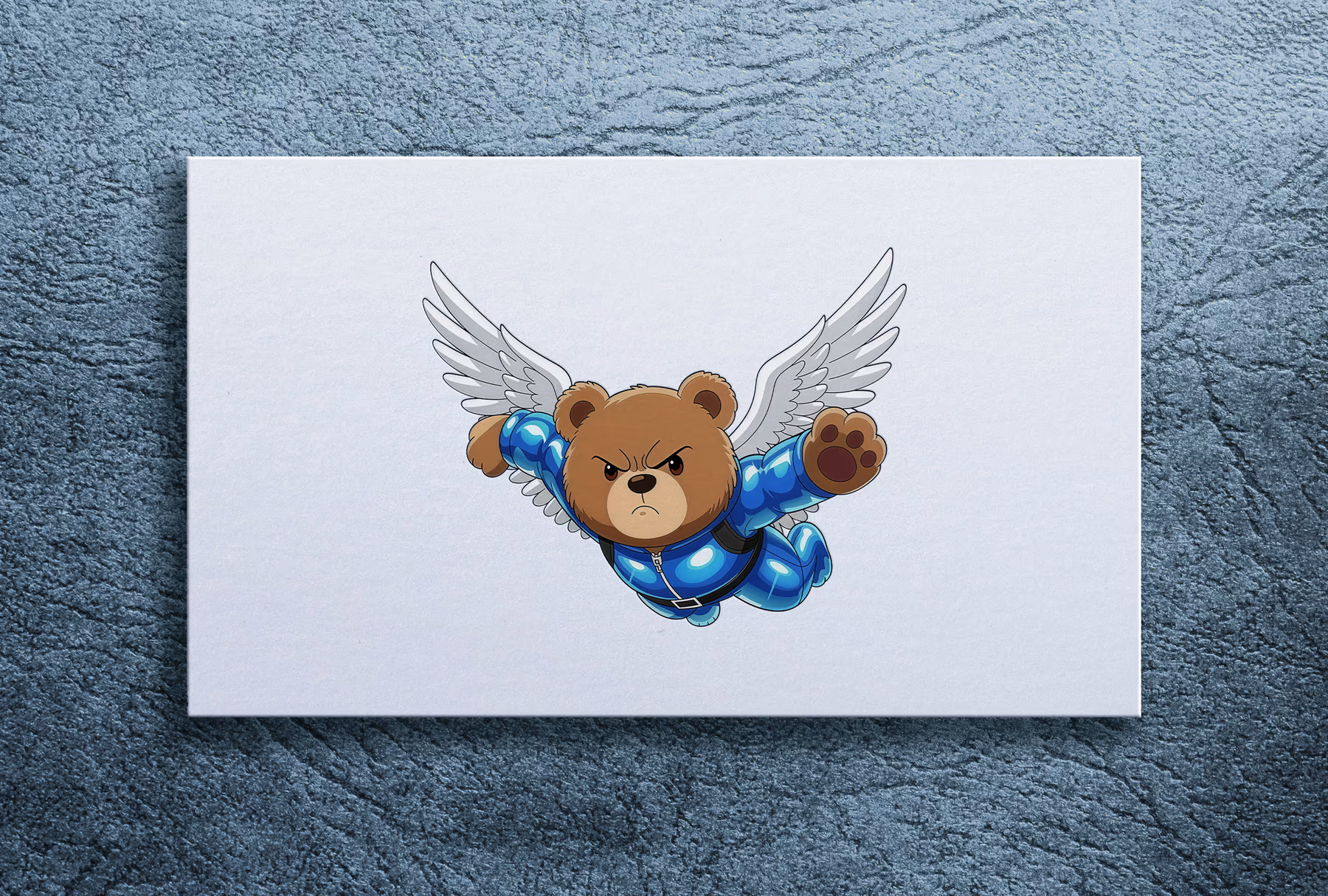 Winged bear logo illustration on a printed card