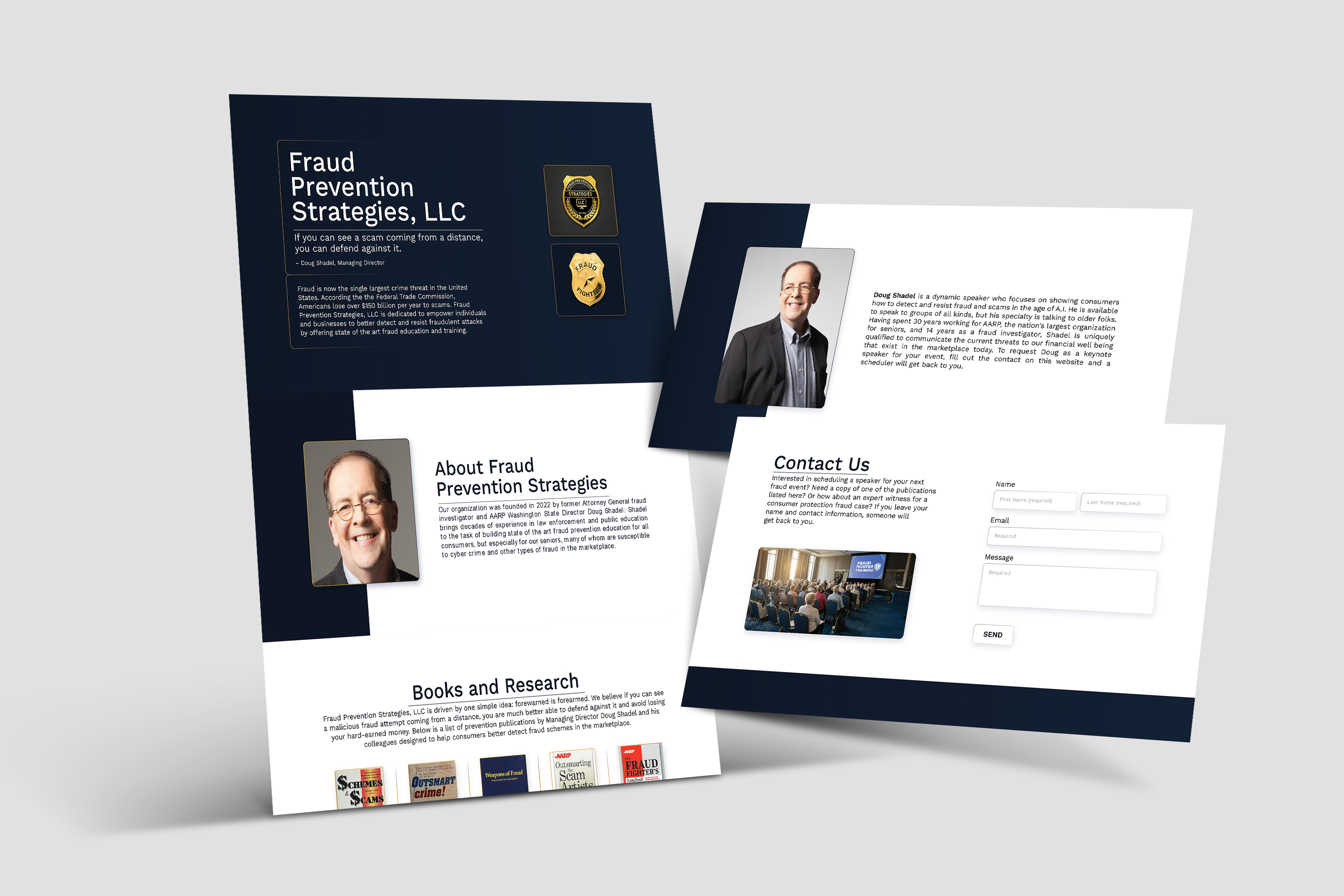 Fraud Prevention Strategies website UI kit mockup with multiple page layouts